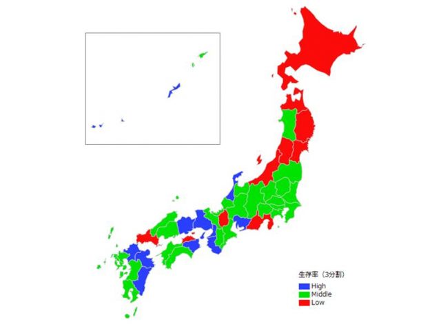 交通事故による心停止の生存率に地域差がある実態を分布で示した図